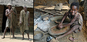 BaKola-Bagyeli pygmy hunters. Food preparation in a hut.