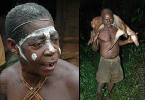 Pygmy hunter-gatherers: Baka hunter and old woman with painted face