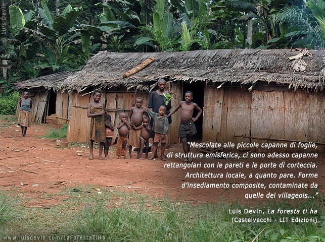 Villaggio in foresta, dalle ricerche antropologiche di Luis Devin in Africa centrale (Pigmei Baka, Camerun)