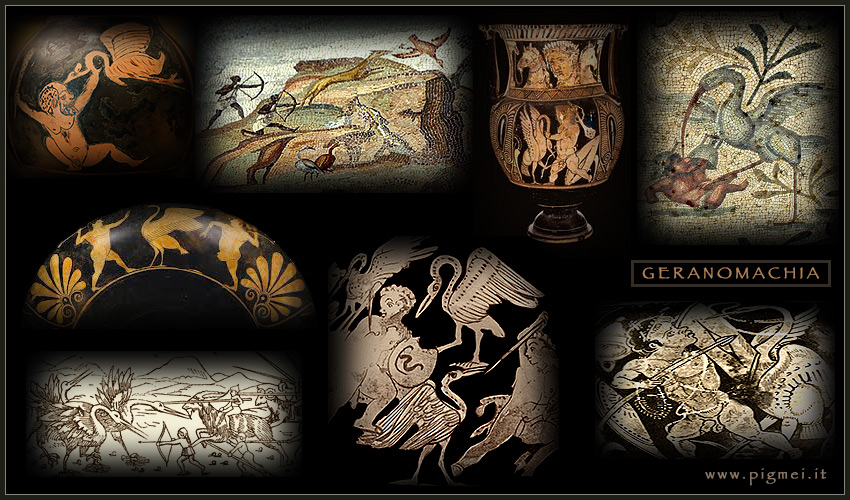 Immagini della geranomachia (pigmei contro gru) su vasi, affreschi, mosaici e stampe antiche